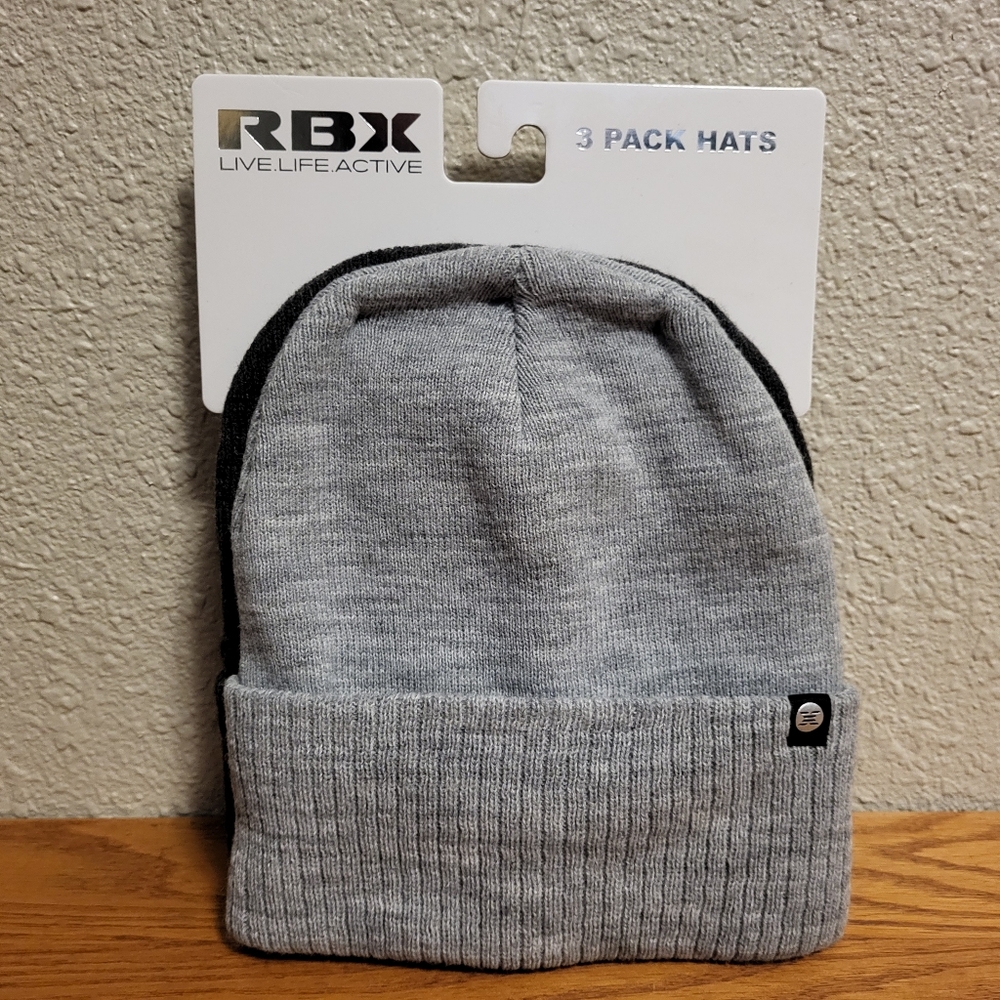 NWT 3 Pack RBX Knit Beanies - Light Gray, Gray & Black